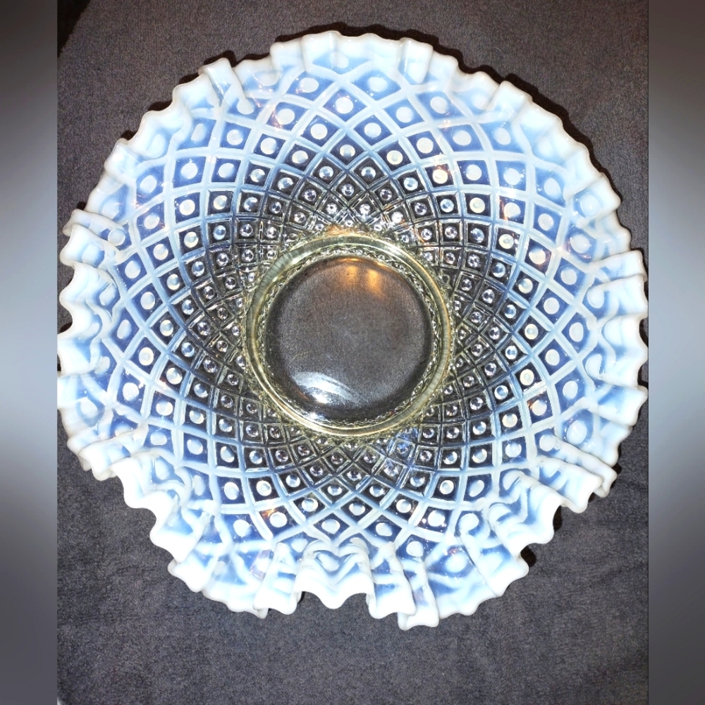 Large Vintage Fenton Opalescent Hobnail 12”Bowl! Ruffled Edges,VERY OLD!!